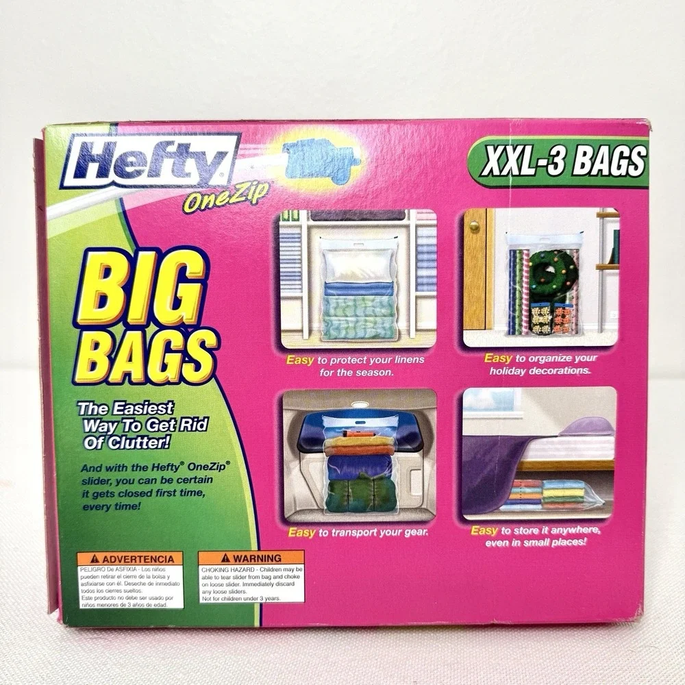 Hefty One Zip Big Bags XXL 22 Gal Zipper Storage Handled 3 Per Box NIB Sealed